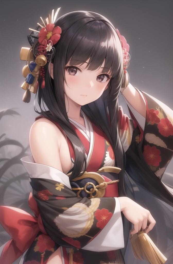 1girl, solo, long hair, looking at viewer, bangs, black hair, hair ornament, closed mouth, upper body, japanese clothes, hair flower, kimono, grey background, black eyes, lips, sash, realistic, ,Sexy Pose