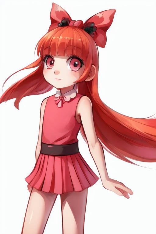 1girl, human, (blossom:1.5), orange hair, blunt bangs, straight hair, pink eyes:1.2), (hair bow, red bow, sleeveless pink dress, white thighhighs:1.2), (white background, plain background), ((skinny, young)),