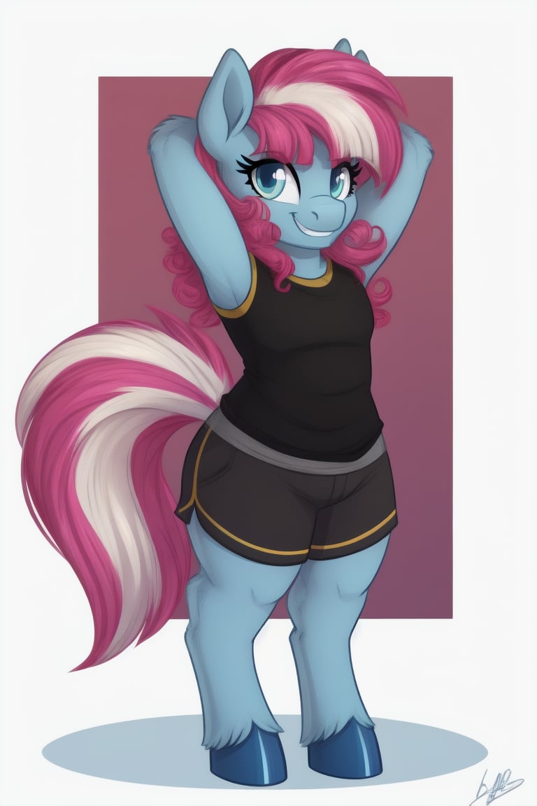 1girl, mlp, anthro pony, furry, blue fur, pink hair, bangs, straight hair, long tail, fluffy curly tail, stand, hooves, proud expression, smirk, hands behind the head, 