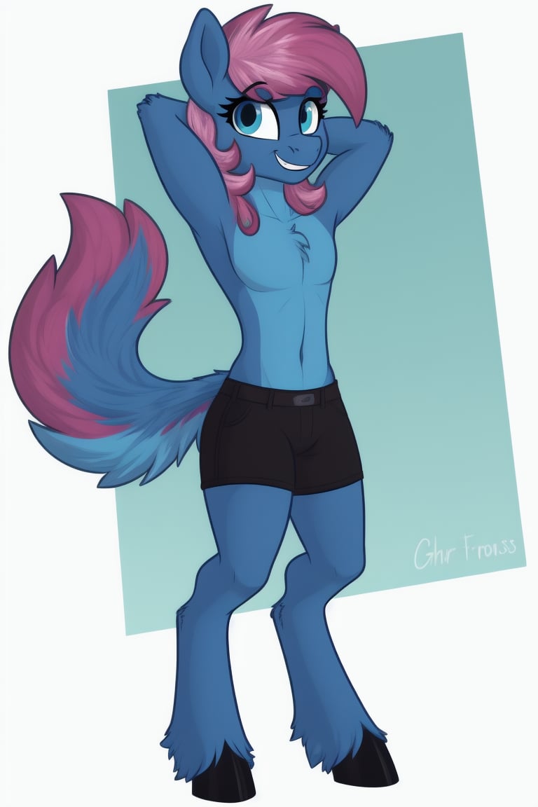 1girl, mlp, anthro pony, furry, blue fur, pink hair, bangs, straight hair, long tail, fluffy curly tail, stand, hooves, proud expression, smirk, hands behind the head, full body, ((extreme skinny, unhealthy skinny)),