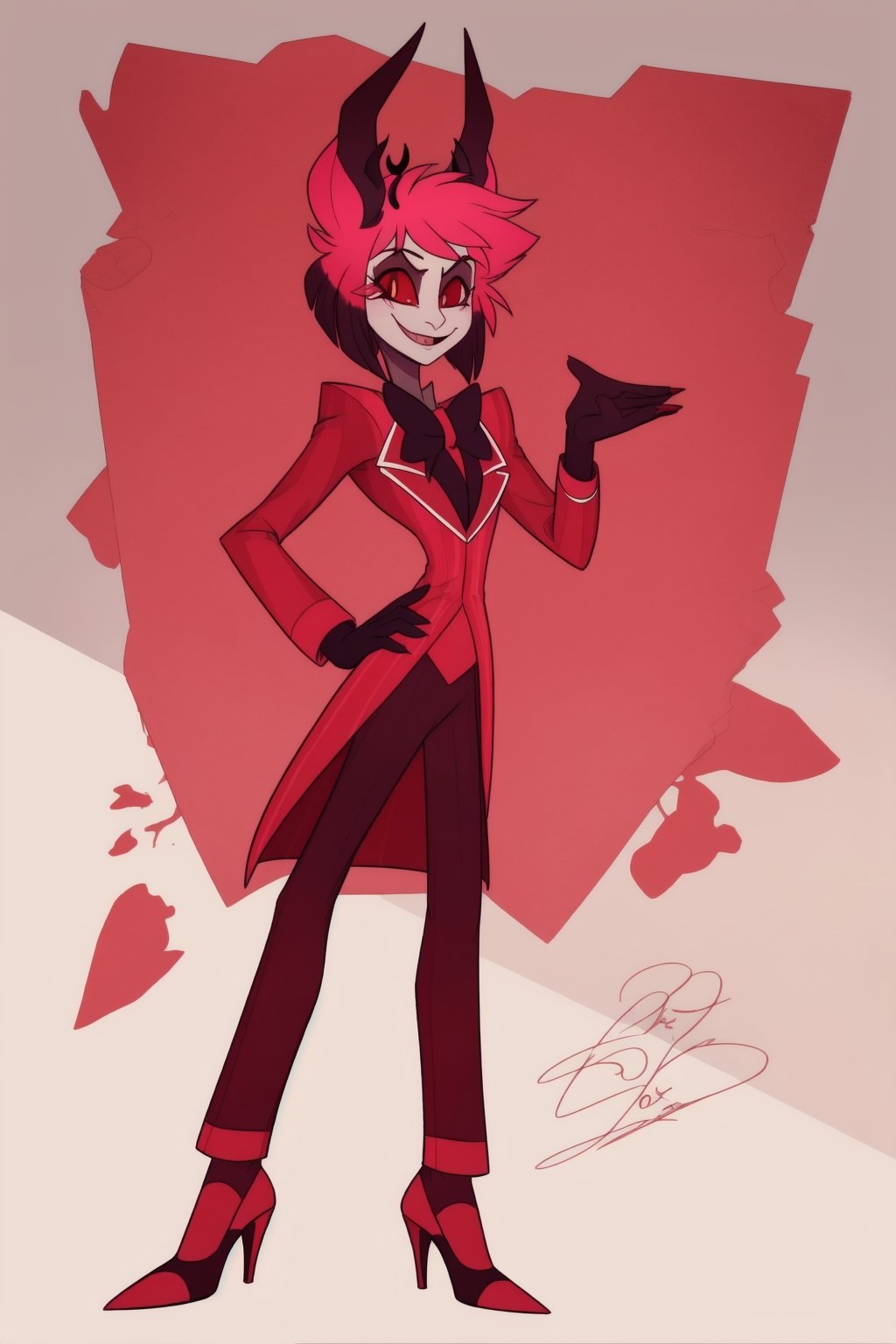 ((masterpiece, best quality)), 1boy, lucifer, full suit, cheeks, smile, thin, high heels, gloves, top hat, full body