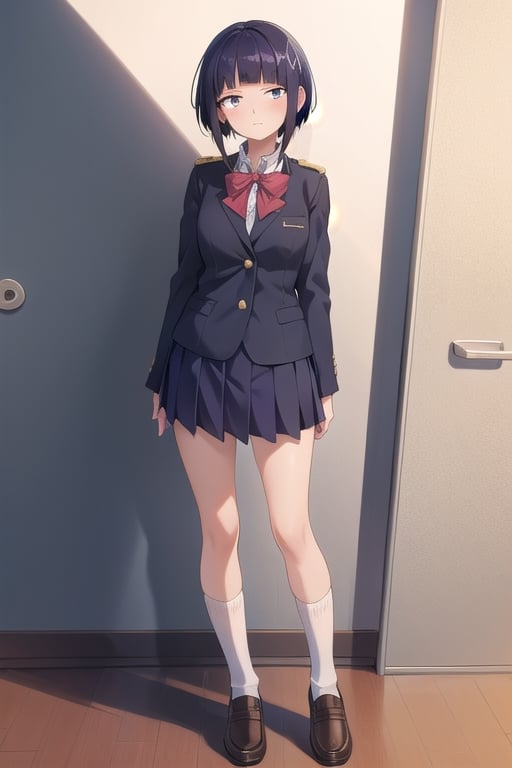 masterpiece, best quality, 1girl, solo, jirou_kyouka, long earlobes, full body, school uniform, standing straight, classrom, dark short hair, nervous