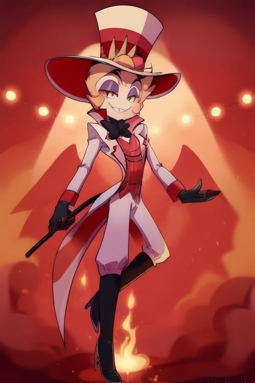 ((masterpiece, best quality)), 1boy, lucifer, full suit, cheeks, smile, thin, high heels, gloves, top hat, full body