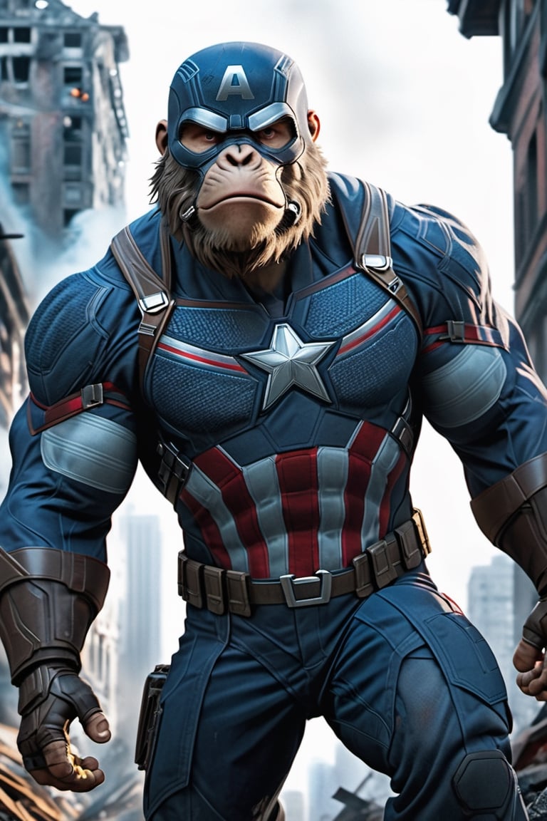 A formidable and awe-inspiring Kong, draped in the iconic Captain America suit from the latest Avengers installment, creating a spectacular fusion of cinematic legends. The scene unfolds against a backdrop of urban destruction, with Kong standing tall amidst the rubble, embodying the spirit of the legendary superhero. The intricately designed suit, complete with the Captain America emblem, seamlessly integrates with Kong's colossal form, showcasing a majestic blend of primal might and superhero aesthetics.

The absence of the Captain America helmet reveals Kong's primal visage, adding a personal and ferocious touch to this epic crossover. The cityscape is bathed in a dynamic mix of ambient lights, casting a heroic and dramatic atmosphere over the scene. The details of Kong's fur and the texture of the suit are highly detailed, creating a visual spectacle that captures the essence of both Kong and Captain America.