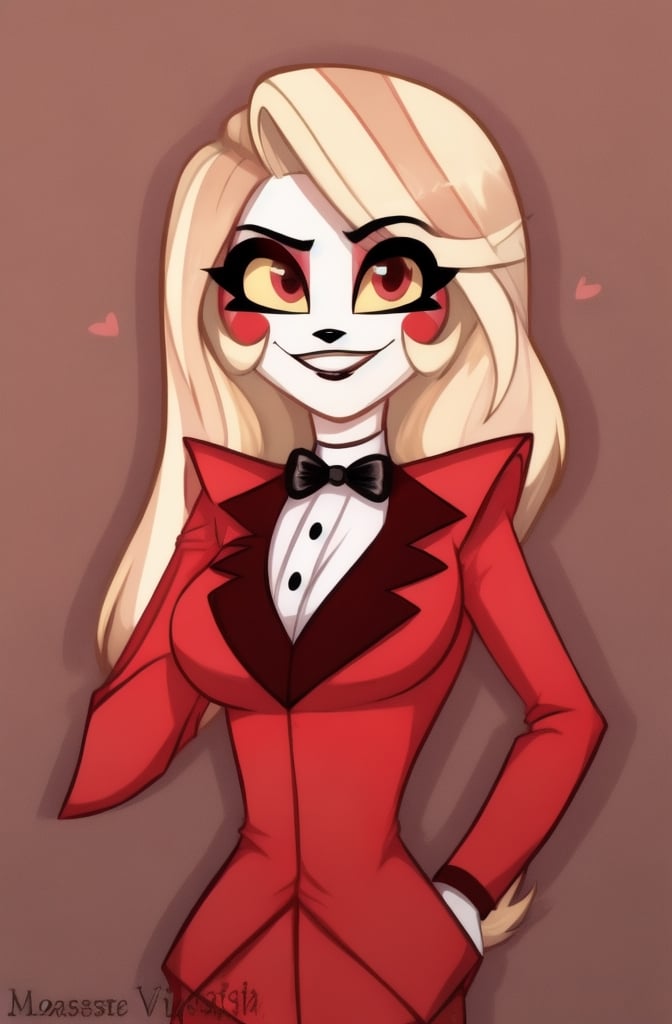 ((masterpiece, best quality, very detailed)), 1girl, charlie morningstar, smile, looking at viewer, red suit, vivziepop style,
