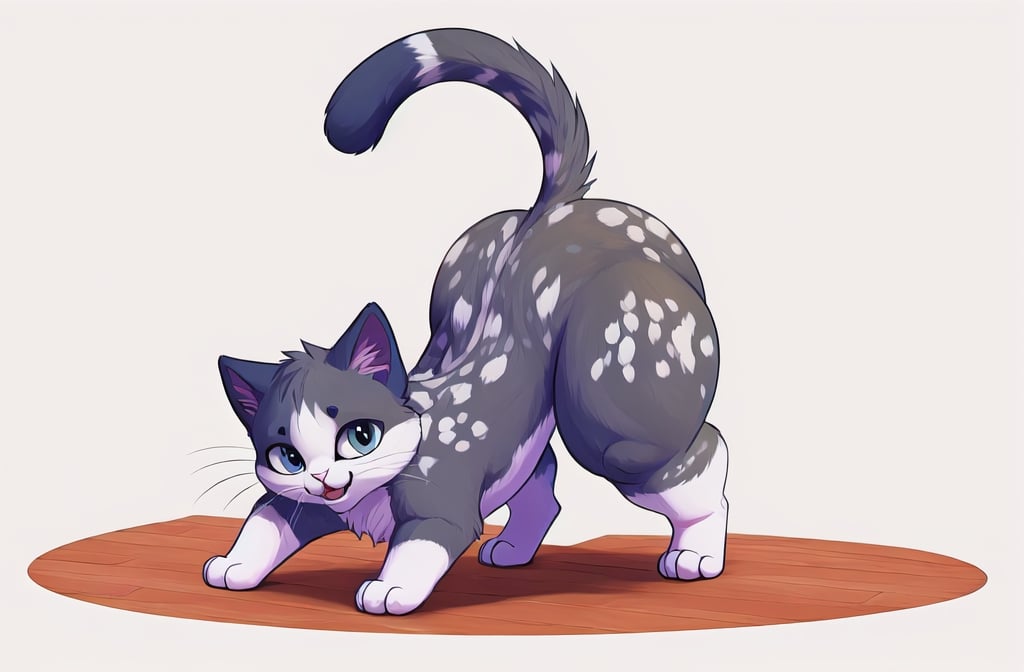 masterpiece, best quality, high detailed, furry, animal, ordinary animal, on all fours, kitten, sweet kitty, energetic pose, perfect proportions, ordinary cat, white background, gray fur, white spots on the fur, stand front, full body, feet on floor, 
((thick thighs, round thighs))