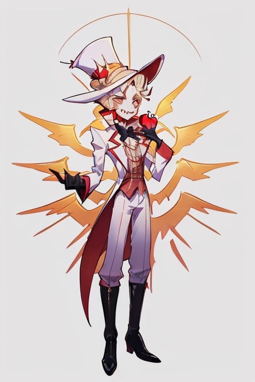 ((masterpiece, best quality)), 1boy, demon, king, lucifer, white skin, white and red suit, yellow sclera, red iris, formal suit, top hat, apple, short king, standing, (simple background), happy, wide smile, sharp teeth, striped waistcoat, black high boots, black gloves, holding duck, duck in hand,