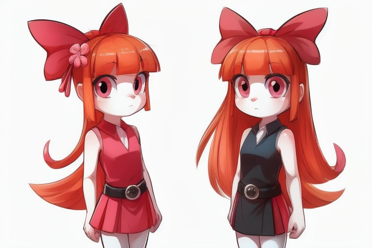 (Blossom:1.5), orange hair, blunt bangs, straight hair, pink eyes:1.2), (hair bow, red bow, sleeveless pink dress, simple black belt, white thighhighs:1.2), (white background, plain background), 