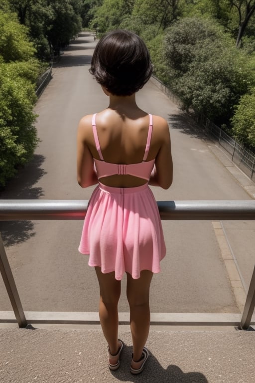 ((masterpiece, best quality, official art, hdr, high contrast, view from the back, view from above)), 1girl, solo, tiny girl, short, thin, short hair, tight clothes, pink summer dress, zoo, stand back, lean on the railing, look at animal enclosure,