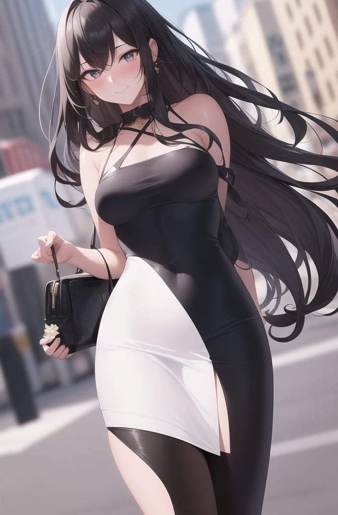 New York City,street,
20 yo, 1 girl, beautiful korean girl,walking,happy smile,
wearing sexy tight dress,black simple dress(strap),shoulder bag,solo, {beautiful and detailed eyes}, dark eyes, calm expression, delicate facial features, ((model pose)), Glamor body type, (dark hair:1.2),hair_past_waist,curly hair,very long hair,simple tiny earrings, flim grain, realhands, masterpiece, Best Quality, 16k, photorealistic, ultra-detailed, finely detailed, high resolution, perfect dynamic composition, beautiful detailed eyes, eye smile, ((nervous and embarrassed)), sharp-focus, full_body, cowboy_shot,