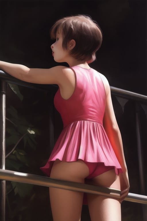 ((masterpiece, best quality, official art, hdr, high contrast, view from the back)), 1girl, solo, tiny girl, short, thin, short hair, tight clothes, pink summer dress, zoo, stand back, lean on the railing, look at animal enclosure,REALISTIC