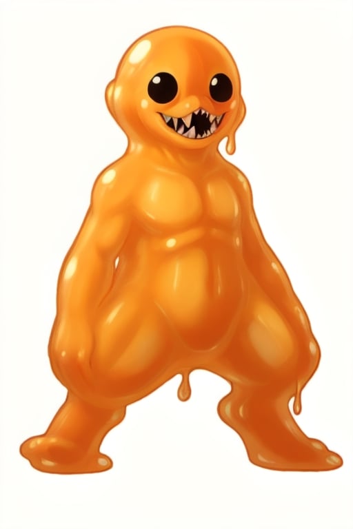 solo, full body, masterpiece, best quality, simple white background, 

scp999, slime, slime boy, orange, dot eyes, black eyes, 

((monstrous creature, terrifying creature, many sharp teeth,)),