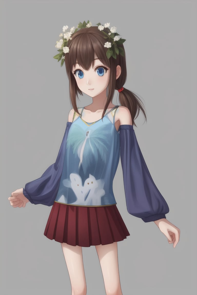 1girl, human, solo, gray plain background, kid, pale skin, brown hair, two ponytails, blue eyes, full body, ((skinny, unhealthily slim)), ((big clothes, loose clothes:1.8)), skirt and blue shirt, two white flowers in her hair,