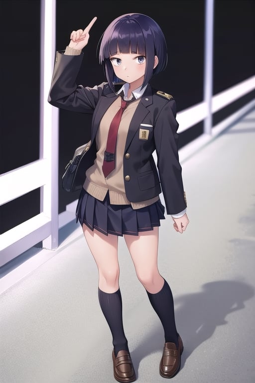 1girl, solo, looking at viewer, short hair, bangs, skirt, school uniform, standing, jacket, full body, pleated skirt, necktie, shoes, socks, blunt bangs, kneehighs, brown footwear, blazer, red necktie, black background, black socks, loafers, arm behind back, u.a. school uniform, jirou kyouka