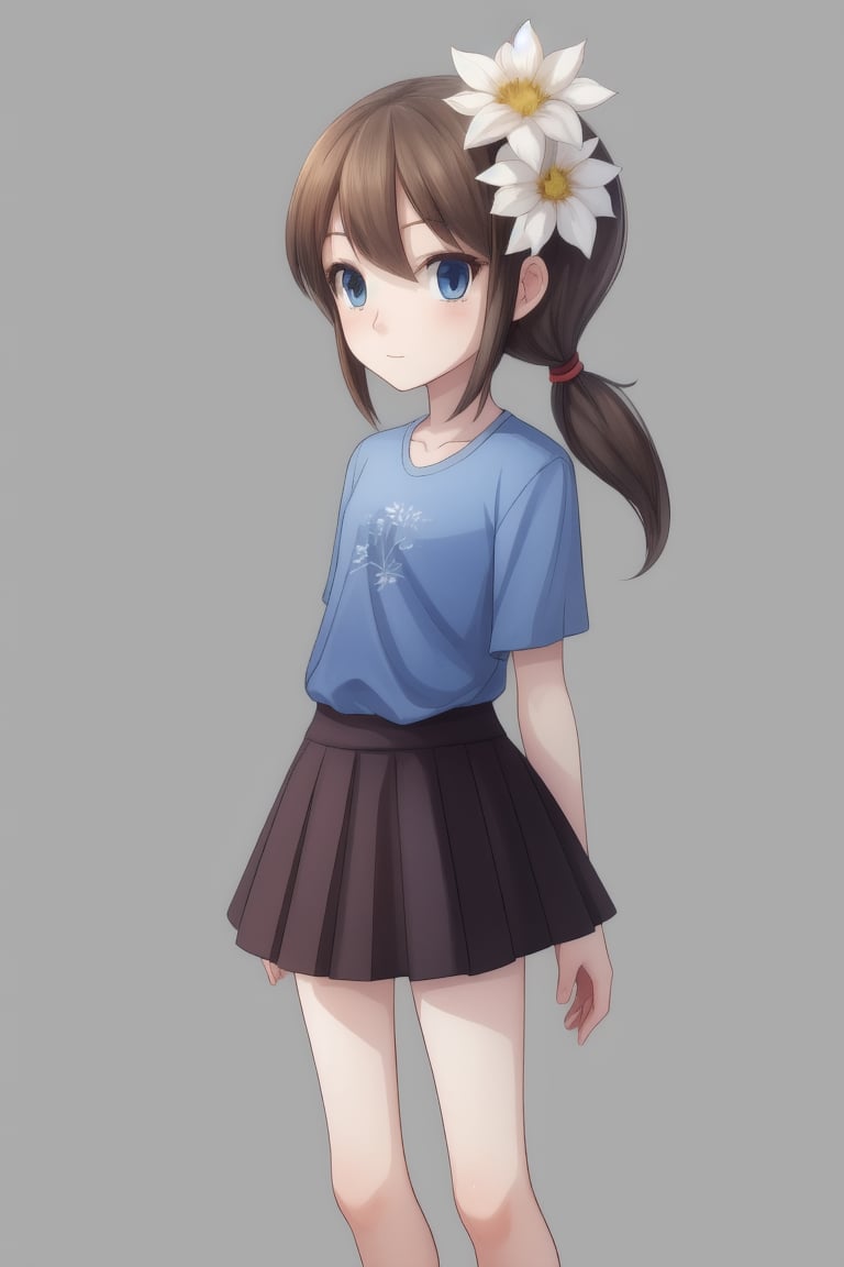 1girl, human, solo, gray plain background, kid, pale skin, brown hair, two ponytails, blue eyes, upper body, ((skinny, unhealthily slim)), big clothes, too loose clothes, too big skirt, huge blue shirt, two white flowers in her hair,