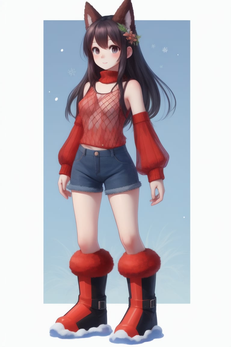 human, girl, 主：(foggy woods),((Full body image)),
人：1litte 1kid 7yo gril (Child:1.2),
體：(Beautiful girly body proportions),(smaller body frame),
髮：(long hair),
服：(((Low-cut collarless and sleeveless sweater with floral pattern))),(((Sheer sleeveless sweater))),(((deep V low neckline))),(very short denim hot pants),(((snow boots))),