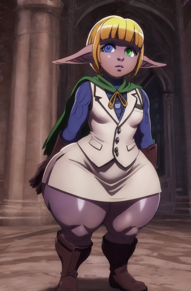 1boy, solo, mare bello fiore, (heterochromia, blue eyes, green eyes:1.2), white vest, white skirt, blue shirt, gloves, cape, looking at viewer, parted lips, own hands clasped,mare bello fiore, ((dark elf boy)), 

((wide hips, huge thighs, round thighs)),