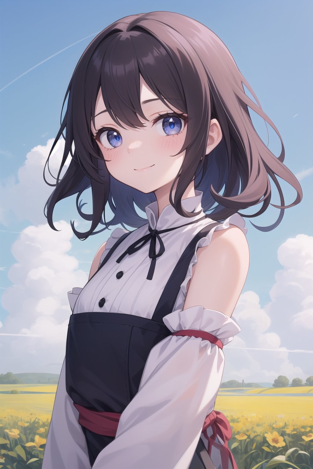 Yuuki is a young girl with a slender build and curly, dark hair cascading down to her shoulders. Her skin is fair, and her eyes possess an intense blue hue, reminiscent of the cloudless morning sky. Clad in simple yet meticulously crafted peasant attire, bearing visible traces of her daily toil in the fields, she exudes a natural simplicity and modesty. She boasts delicate facial features, and a smile often graces her face, causing her eyes to sparkle with joy. Her demeanor is typically self-assured, though a hint of shyness may occasionally be observed, especially in unfamiliar company.