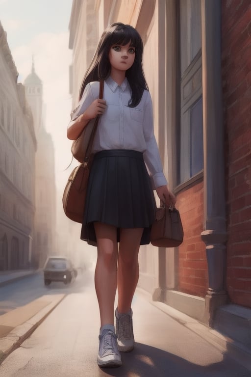 1girl, solo, long hair, skirt, shirt, black hair, holding, shoes, midriff, bag, shadow, white footwear, white skirt, fish, aquriums, wide shot, 