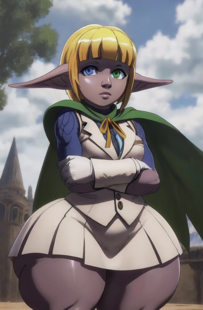 1boy, solo, mare bello fiore, (heterochromia, blue eyes, green eyes:1.2), white vest, white skirt, blue shirt, gloves, cape, looking at viewer, parted lips, own hands clasped,mare bello fiore, ((dark elf boy)), 

((wide hips, huge thighs, round thighs)),