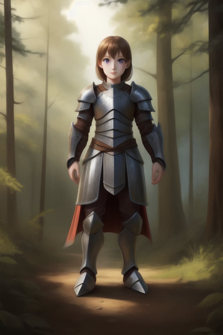 human, tall, full body, 1girl, middle ages, metal armor, knight, knight armor, full knight armor, metal from head to toe, female knight, no helmet, long brown hair, beautiful face, young face, slim, beautiful purple eyes, forest in the background, stand clearing road,