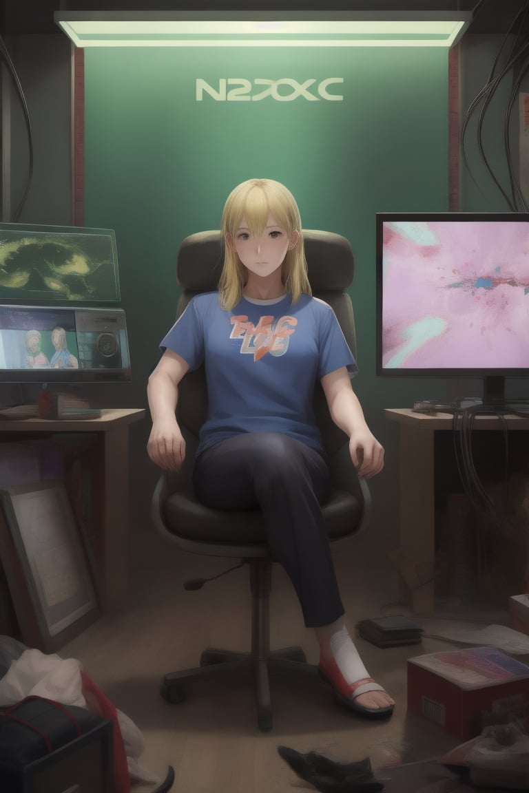 human, Depressive Machines, 1girl, green lighting, televisions everywhere, cables everywhere, naruko_jutsu_sexy, blonde hair