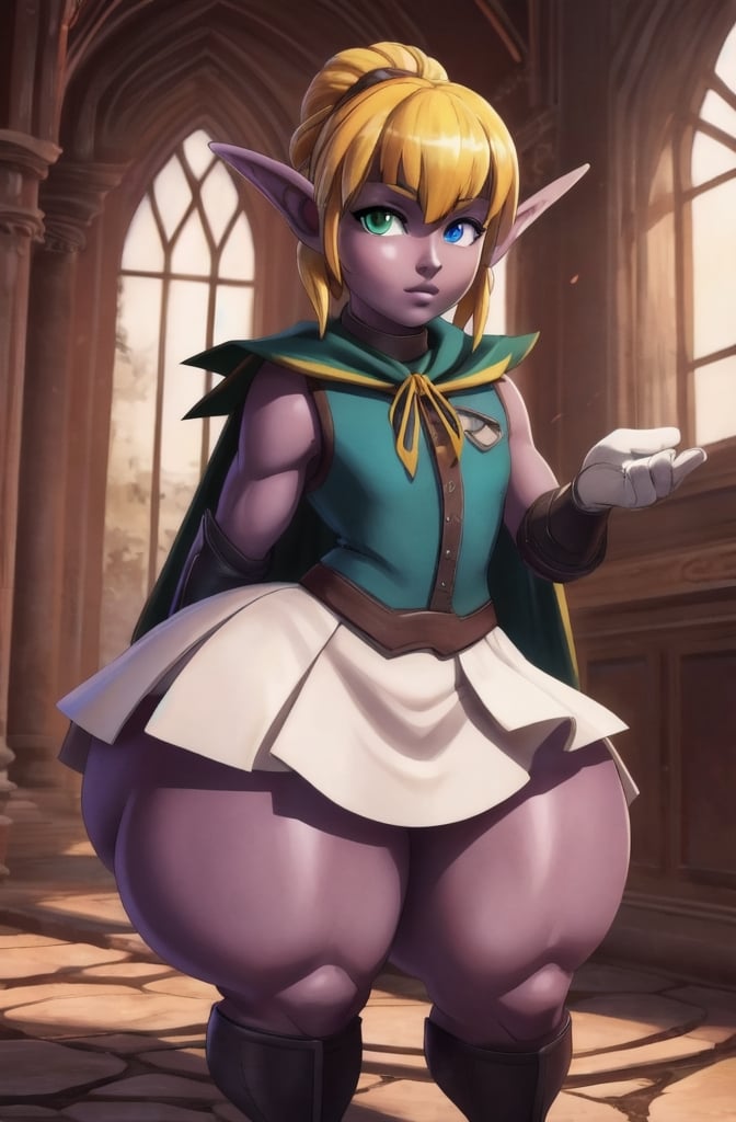 1boy, solo, mare bello fiore, (heterochromia, blue eyes, green eyes:1.2), white vest, white skirt, blue shirt, gloves, cape, looking at viewer, parted lips, own hands clasped,mare bello fiore, ((dark elf boy)), 

((wide hips, huge thighs, round thighs)),