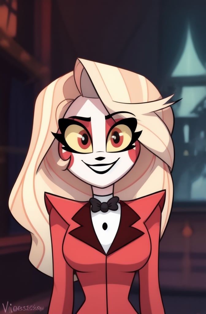 ((masterpiece, best quality, very detailed)), 1girl, charlie morningstar, smile, looking at viewer, red suit, vivziepop style, ((pilot episode)),