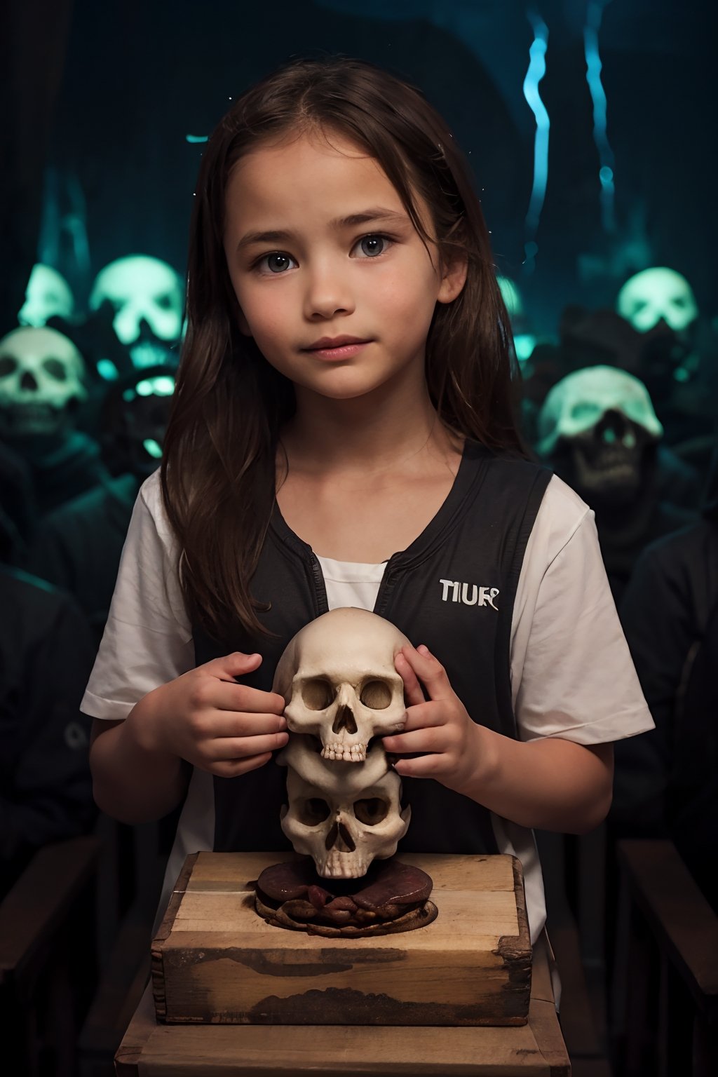 super cute blond woman in a dark theme, 9 years old, skull island girl