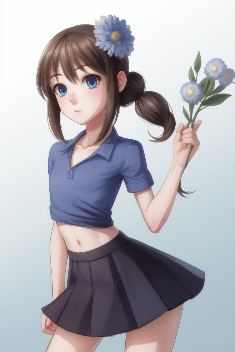 1girl, human, solo, gray plain background, kid, pale skin, brown hair, two ponytails, blue eyes, body focus, ((skinny, unhealthily slim)), big clothes, too loose clothes, too big skirt, huge blue shirt, two white flowers in her hair,