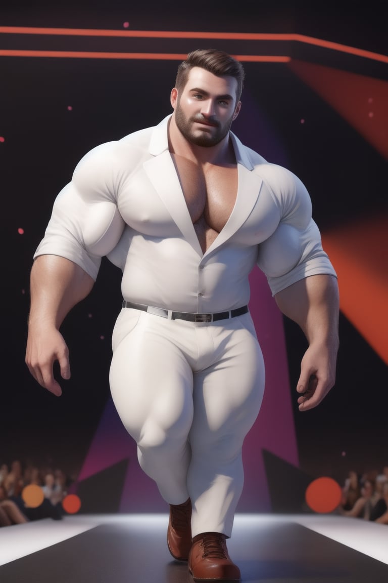 human, masterpiece, best quality, 8k, 1man, (front Photo), shiny skin, facial hair, walking on fashion show runway stage, wearing white sheer suit, highly detailed face and skin, realistic, mature, stubble, muscular, huge pecs, handsome, male focus, light particles, rim light, Use light to shine through clothes to reveal muscle contours, full body, skin color shows through the fabric of clothes,