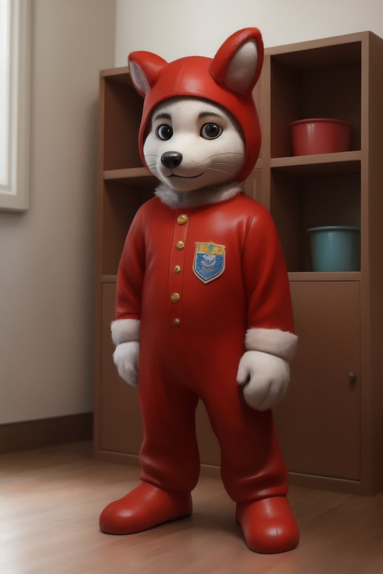 1person, realistic, costume, mascot, person in animal costume, cartoon character, cartoon furry, furry girl, realistic photo, realistic fur, children's games in the background, kindergarten, full body,