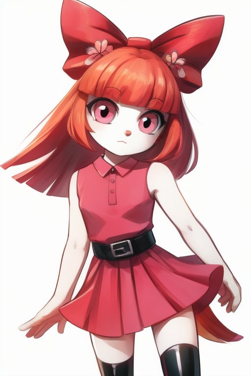 (Blossom:1.5), orange hair, blunt bangs, straight hair, pink eyes:1.2), (hair bow, red bow, sleeveless pink dress, simple black belt, white thighhighs:1.2), (white background, plain background), 