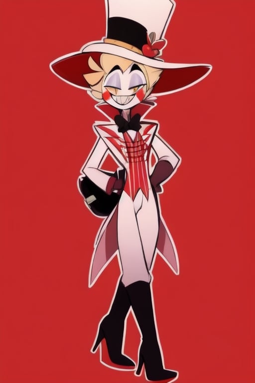 ((masterpiece, best quality)), 1boy, lucifer, full suit, cheeks, smile, thin, high heels, gloves, top hat, full body