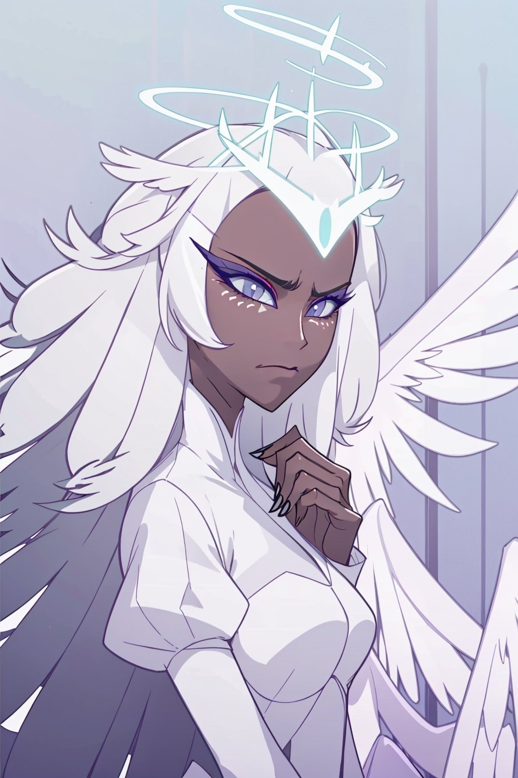 1girl, solo, long hair, closed mouth, upper body, white hair, wings, dark skin, makeup, frown, halo, eyeshadow, angel wings, angel, sera