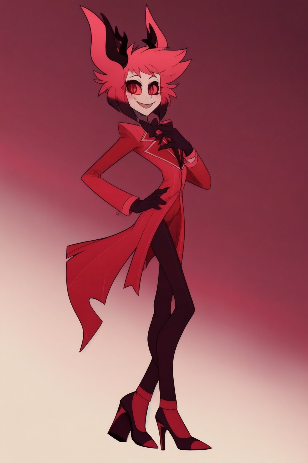 ((masterpiece, best quality)), 1boy, lucifer, full suit, cheeks, smile, thin, high heels, gloves, top hat, full body