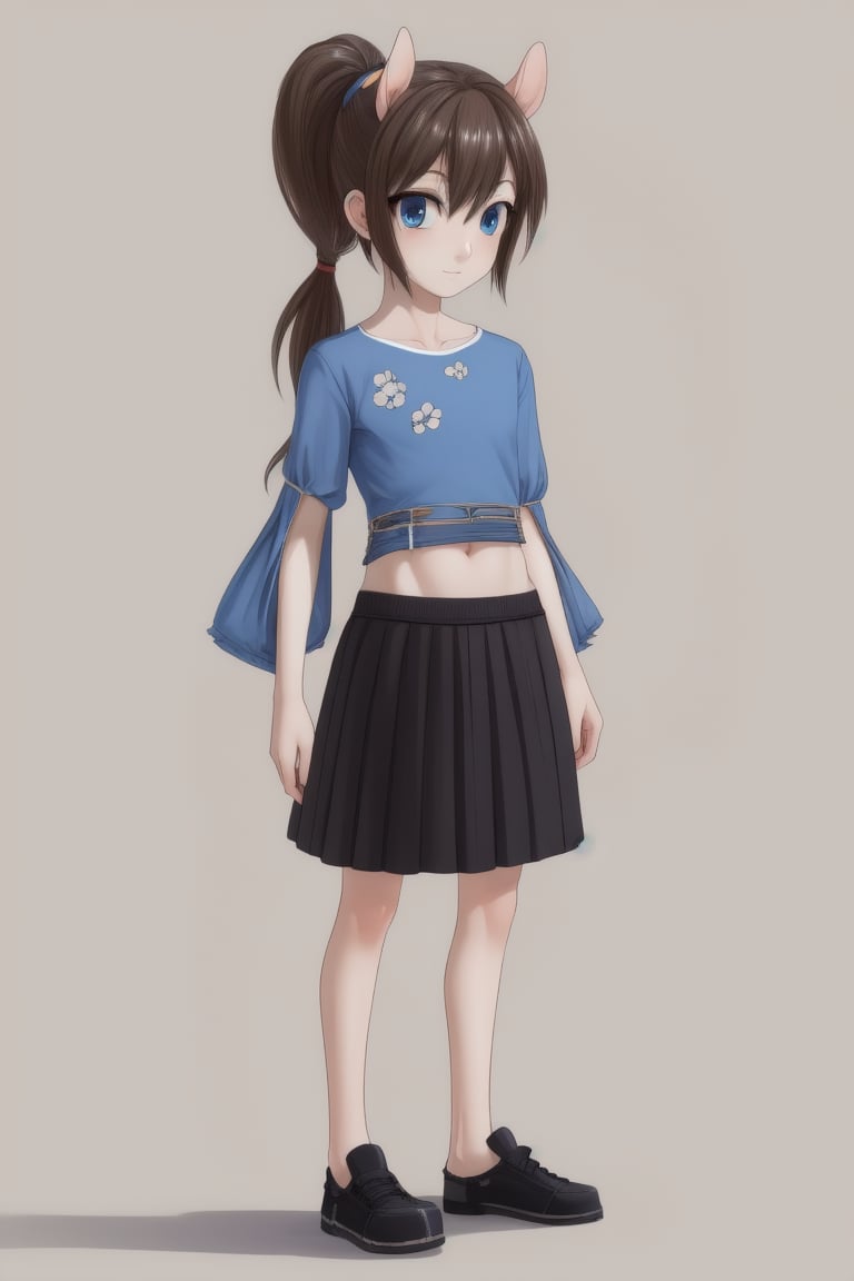 1girl, human, solo, gray plain background, kid, pale skin, brown hair, two ponytails, blue eyes, full body, ((skinny, unhealthily slim)), ((big clothes, loose clothes:1.8)), skirt and blue shirt, two white flowers in her hair,