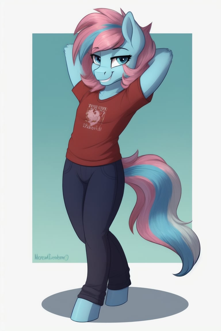 1girl, mlp, anthro pony, furry, blue fur, pink hair, bangs, straight hair, long tail, fluffy curly tail, stand, hooves, proud expression, smirk, hands behind the head, 