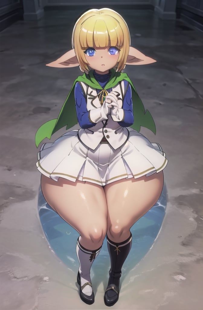 1boy, solo, mare bello fiore, (heterochromia, blue eyes, green eyes:1.2), white vest, white skirt, blue shirt, gloves, cape, looking at viewer, parted lips, own hands clasped,mare bello fiore, ((dark elf boy)), 

((wide hips, huge thighs, round thighs)),