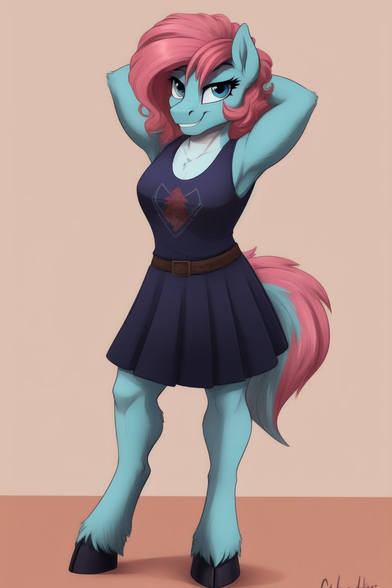 1girl, mlp, anthro pony, furry, blue fur, pink hair, bangs, straight hair, long tail, fluffy curly tail, stand, hooves, proud expression, smirk, hands behind the head, 