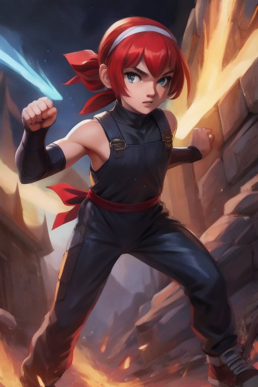 A 4K masterpiece captures a teenaged ninja warrior in a dynamic fighting pose. A young girl with bright red hair and prominent bangs dons a sleek, dark outfit, complete with a tight bandana, ninja mask, and headband, fully concealing her face. Her slim physique is accentuated by tight clothing that showcases her toned legs. The overall composition is striking, with the subject's protruding hair adding to the dramatic effect.