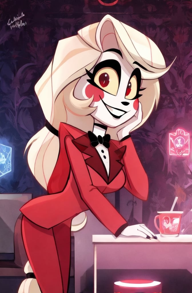 ((masterpiece, best quality, very detailed)), 1girl, charlie morningstar, smile, looking at viewer, red suit, vivziepop style, ((pilot episode)),