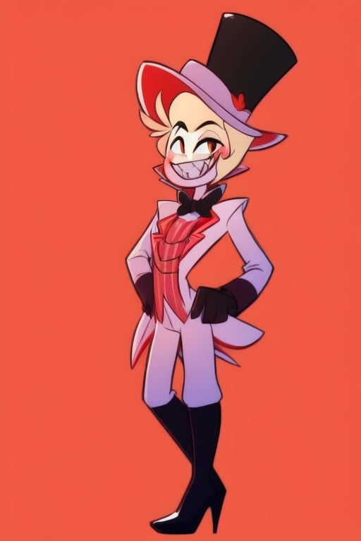 ((masterpiece, best quality)), 1boy, lucifer, full suit, cheeks, smile, thin, high heels, gloves, top hat, full body