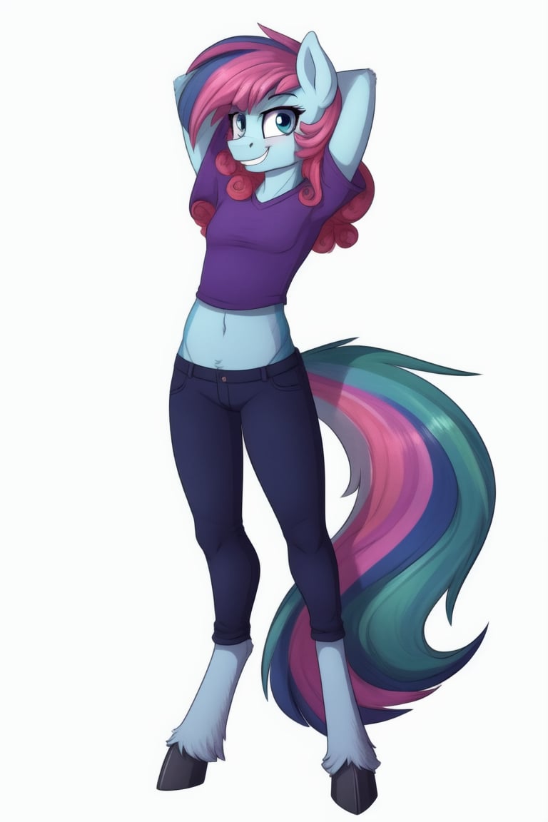 1girl, mlp, anthro pony, furry, blue fur, pink hair, bangs, straight hair, long tail, fluffy curly tail, stand, hooves, proud expression, smirk, hands behind the head, full body, ((extreme skinny, unhealthy skinny)),