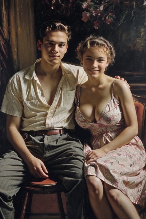 masterpiece, best quality, high detailed, park, ((old photo, photo from the 1950s, old style)), photo of a young girl and her boyfriend, ((teenagers, 16 years old couple)), girl sitting on a chair, boy standing and he holds his hand on the girl's shoulder, they look at the camera, ((gigantic size of breasts, cleavage, too large breasts, JJ-cup, extreme massive breasts)), painting, oil paint