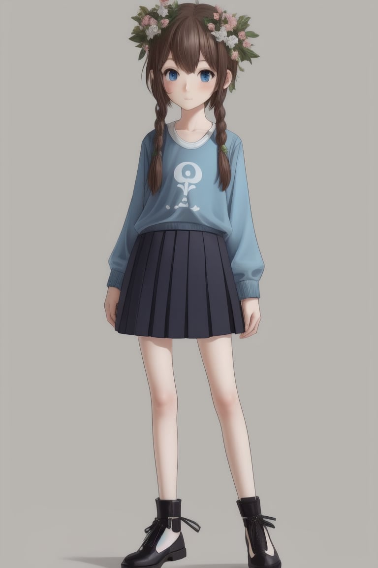 1girl, human, solo, gray plain background, kid, pale skin, brown hair, two ponytails, blue eyes, full body, ((skinny, unhealthily slim)), ((big clothes, loose clothes:1.6)), skirt and blue shirt, two white flowers in her hair,