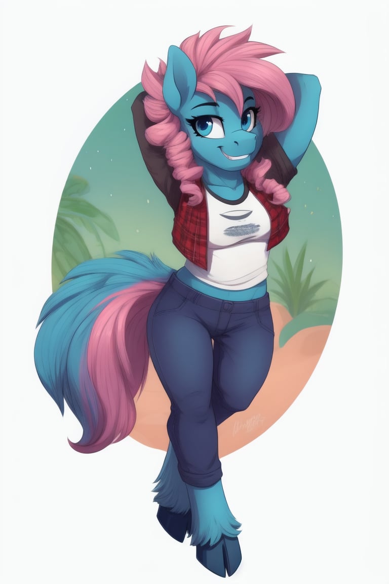 1girl, mlp, anthro pony, furry, blue fur, pink hair, bangs, straight hair, long tail, fluffy curly tail, stand, hooves, proud expression, smirk, hands behind the head, 