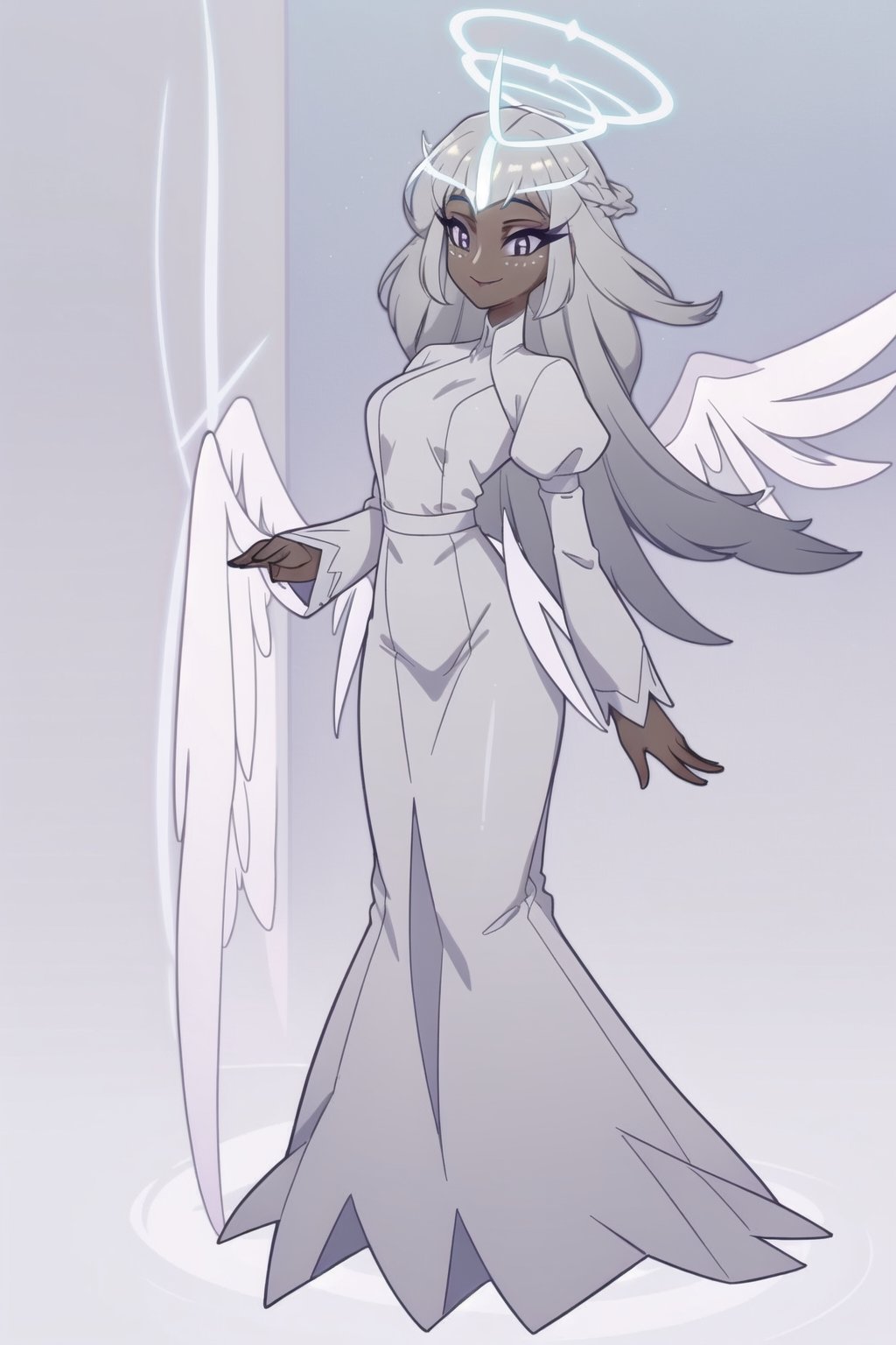 ((masterpiece, best quality, 1girl, solo)), angel, dark skin, grey skin, halo, glowing halo, full body, standing, dark eyes, dark thick eyelashes, long dress, dress, gradient hair, grey hair, smile, happy, face dots, covered neck, sera, wings, multiple wings,