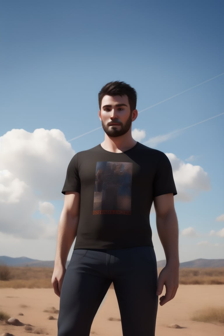 human, girl, solo, short hair, shirt, black hair, 1boy, standing, short sleeves, male focus, outdoors, sky, day, pants, cloud, blue sky, black shirt, facial hair, black pants, sunlight, t-shirt, realistic, photo background,Pectoral Focus