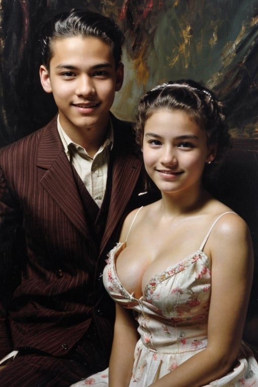 masterpiece, best quality, high detailed, park, ((old photo, photo from the 1950s, old style)), photo of a young girl and her boyfriend, ((teenagers, 16 years old couple)), loking at camera, sitting, very formal photo, formal clothes, ((gigantic size of breasts, cleavage, too large breasts, largest breasts at world)), painting, oil paint